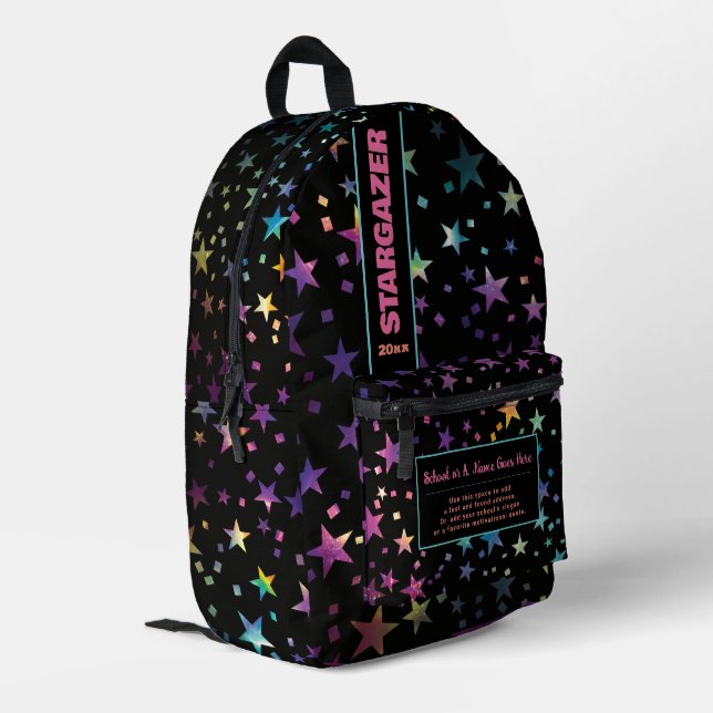 Back To School Rainbow Pastel Glitter Starry Night Printed Backpack (Back Corner Left)