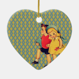 back to school retro pattern Kitsch Vintage Kids Ceramic Tree Decoration
