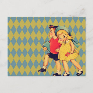 back to school Retro pattern kitsch Vintage Kids Postcard