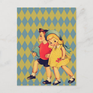 back to school Retro pattern kitsch Vintage Kids Postcard