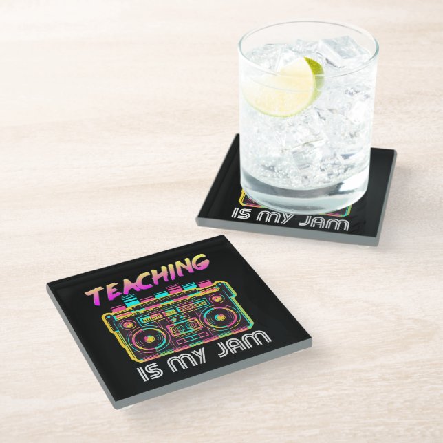 Back to School Retro Teaching is My Jam 80s Glass Coaster (Angled)