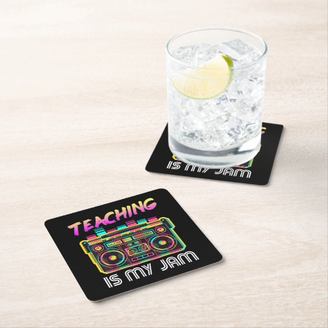 Back to School Retro Teaching is My Jam 80s Square Paper Coaster (Insitu)