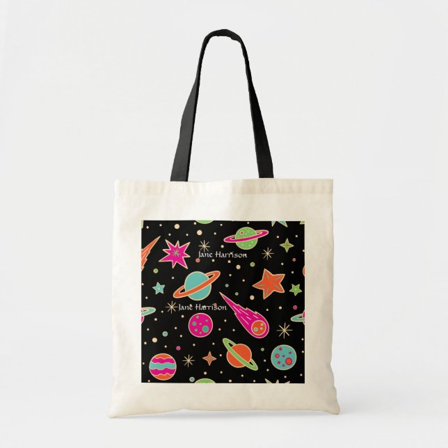 Back To School Space Rocket Pattern Name Tote Bag (Front)