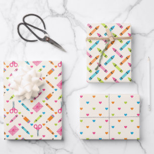 Back to School Supplies Crayons Hearts Pattern Wrapping Paper Sheet