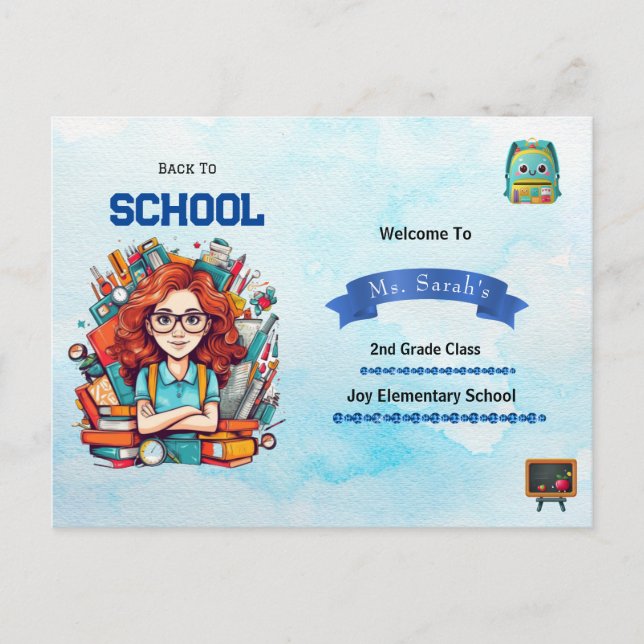 Back to School Teacher Blue Watercolor Custom Postcard (Front)