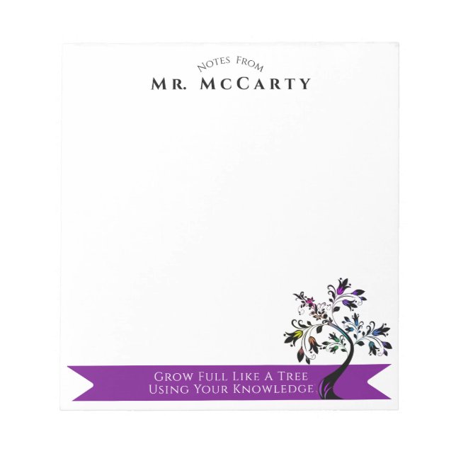 Back To School Teacher Colourful Floral Tree Custo Notepad (Front)