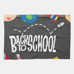 Back to school theme with boy and girls tea towel