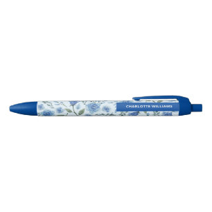 Back to School Watercolor Blue Floral  Blue Ink Pen