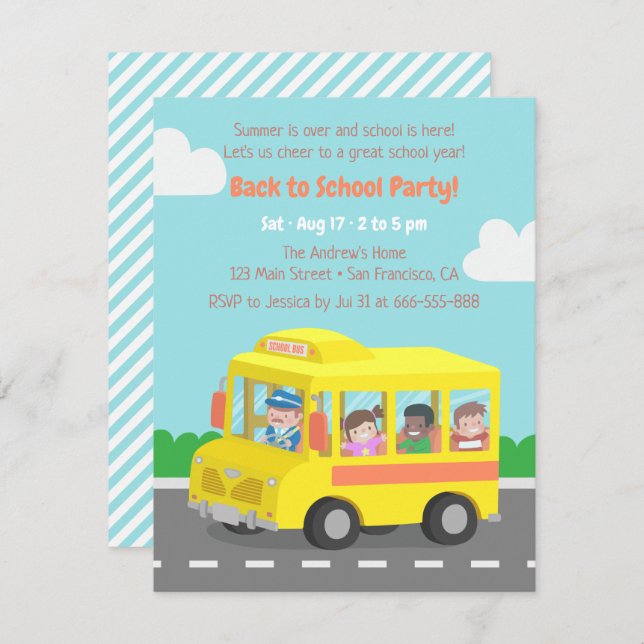 Back to School Yellow Bus Kids Party Invitations (Front/Back)
