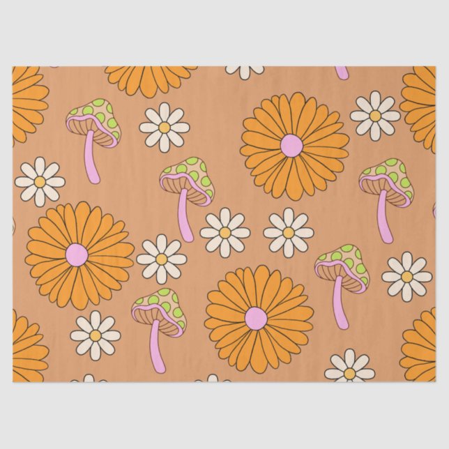 Back to the 70s Orange Daisies and Mushrooms Tissue Paper (Front)