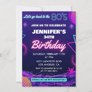 Back To The 80s Party 34th birthday invitations 
