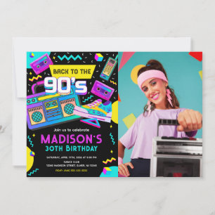 Back to the 90s Modern Retro Neon Photo Birthday Invitation