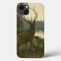 Back view of Elk Looking over a Lake