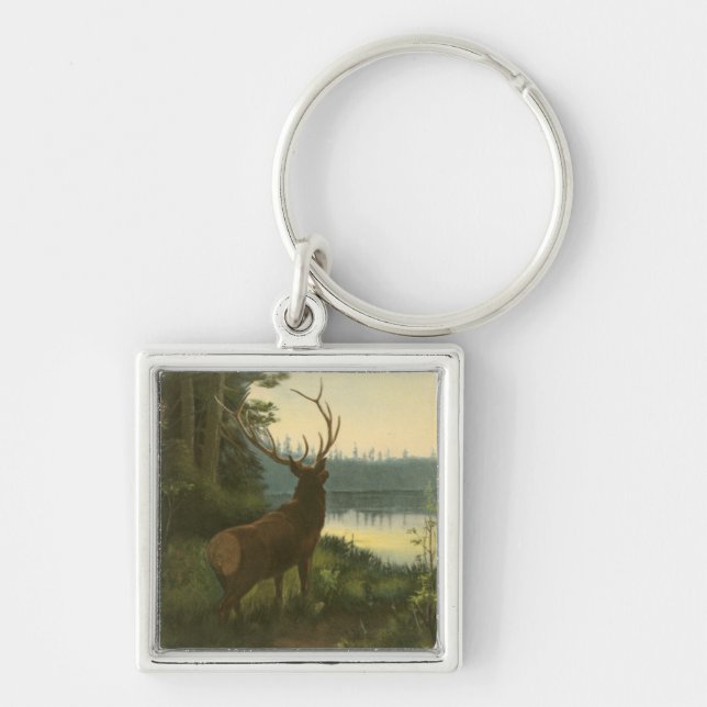 Back view of Elk Looking over a Lake Key Ring (Front)