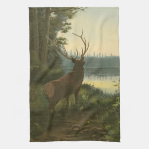 Back view of Elk Looking over a Lake Tea Towel