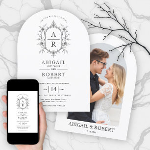 Back, white floral crest monogram arched wedding invitation
