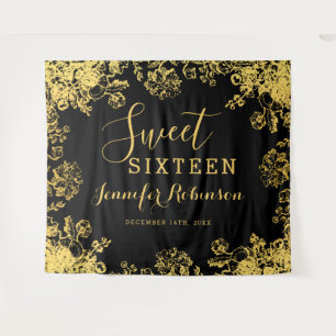 Backdrop 16th Sweet Sixteen Birthday Gold Floral Tapestry