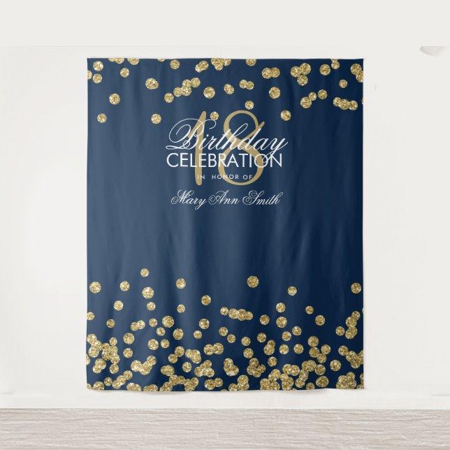 Backdrop 18th Birthday Gold Navy Confetti Tapestry (Front)