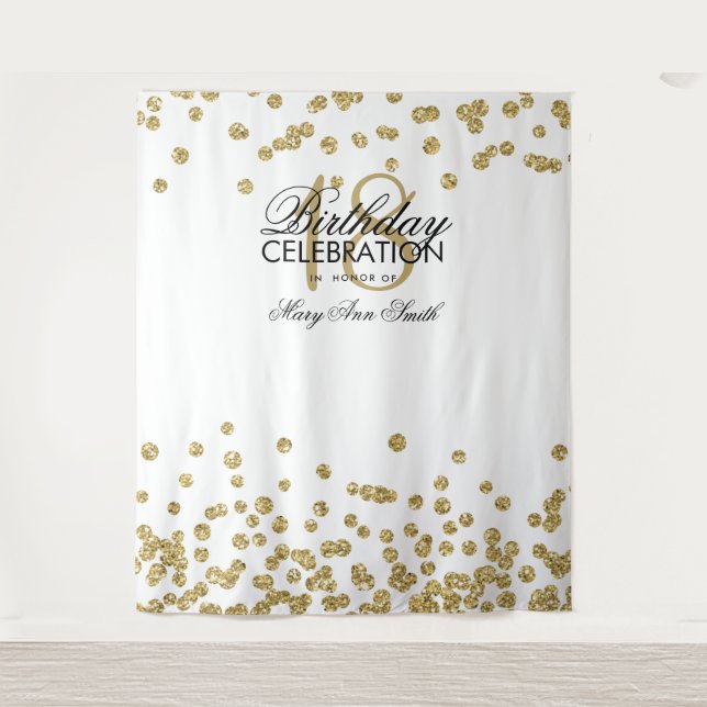 Backdrop 18th Birthday Gold White Confetti Tapestry (Front)