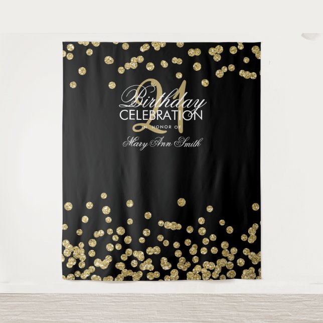 Backdrop 21st Birthday Gold Black Confetti Tapestry (Front)