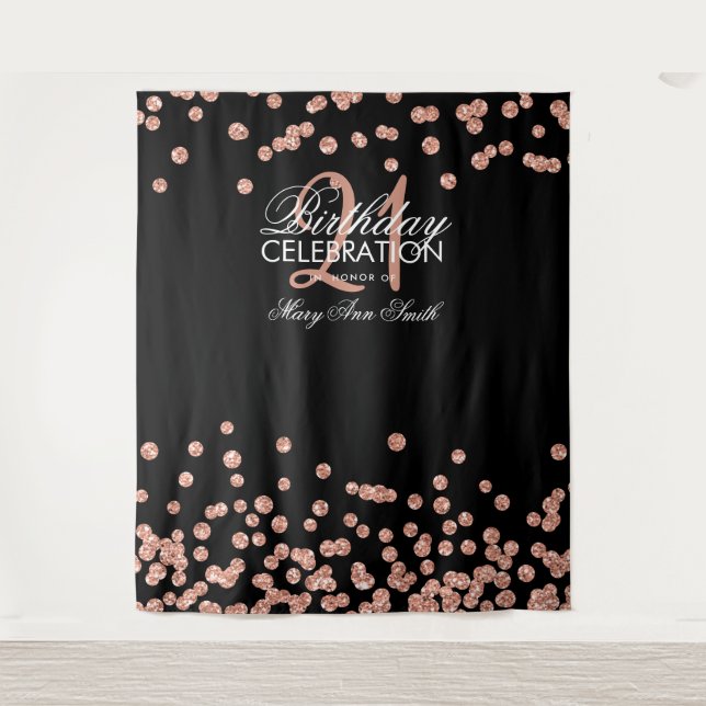 Backdrop 21st Birthday Rose Gold Black Confetti Tapestry (Front)
