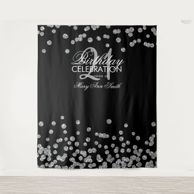 Backdrop 21st Birthday Silver Black Confetti Tapestry (Front)