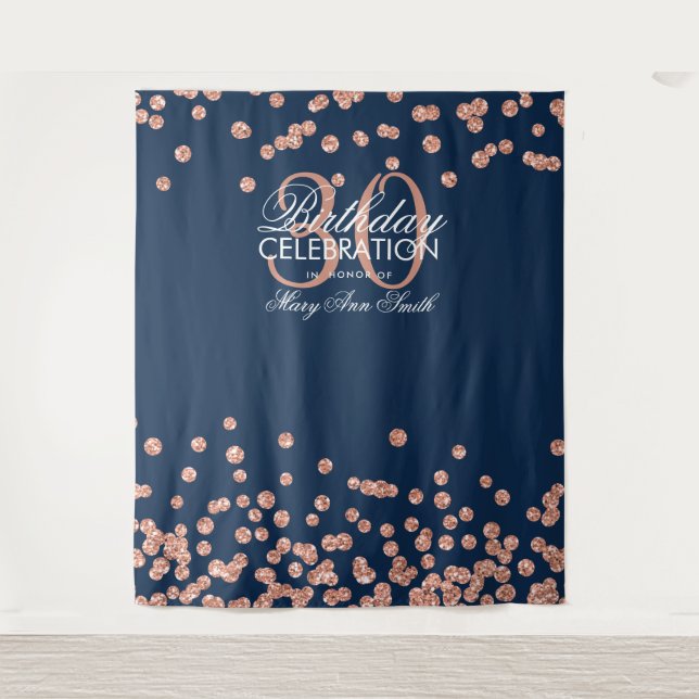 Backdrop 30th Birthday Rose Gold Navy Confetti Tapestry (Front)