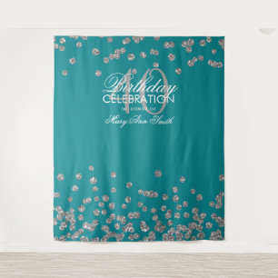 Backdrop 40th Birthday Silver Teal Confetti Tapestry