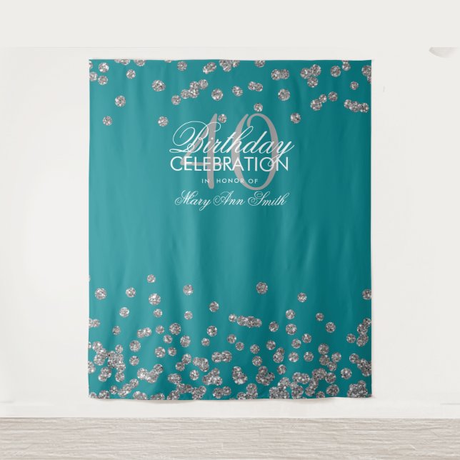 Backdrop 40th Birthday Silver Teal Confetti Tapestry (Front)