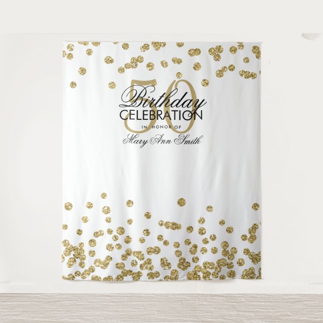 Backdrop 50th Birthday Gold White Confetti Tapestry (Front)