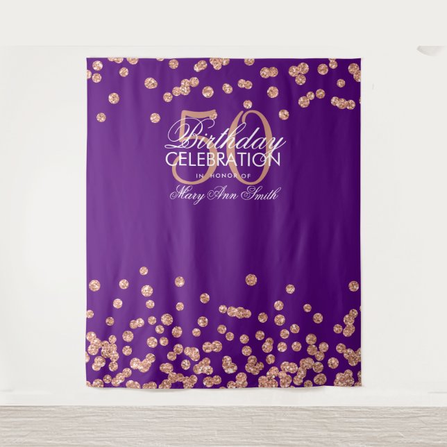 Backdrop 50th Birthday Rose Gold Purple Confetti Tapestry (Front)