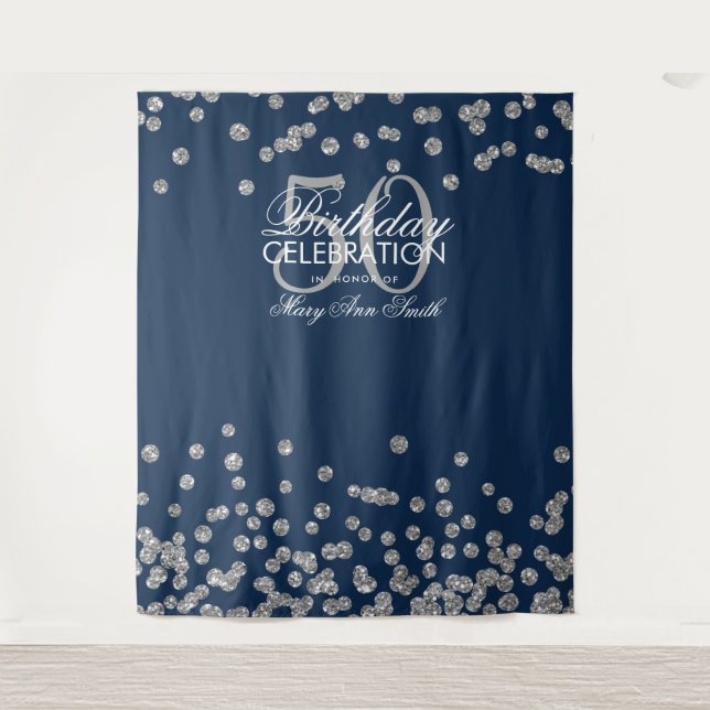 Backdrop 50th Birthday Silver Navy Blue Confetti Tapestry (Front)
