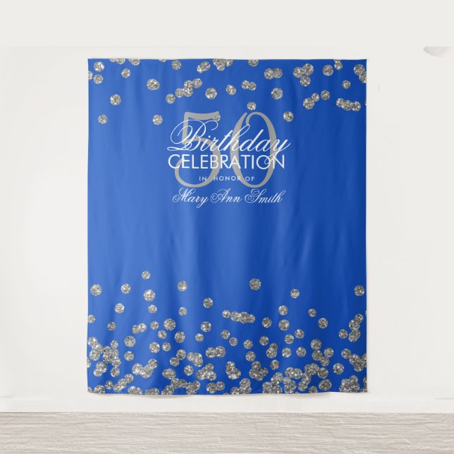 Backdrop 50th Birthday Silver Royal Blue Confetti Tapestry (Front)