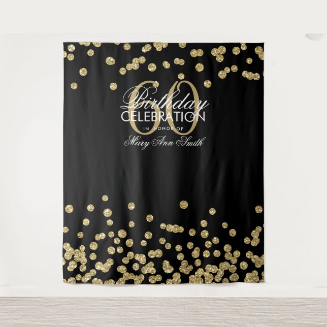 Backdrop 60th Birthday Gold Black Confetti Tapestry (Front)