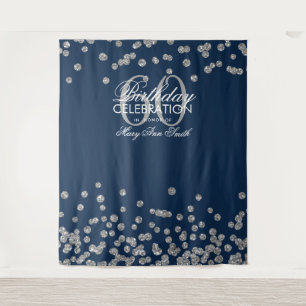 Backdrop 60th Birthday Silver Navy Blue Confetti Tapestry