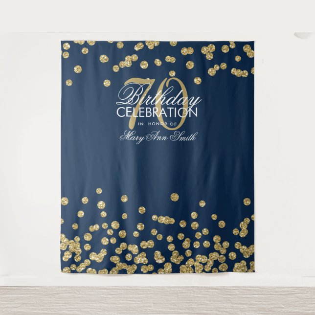 Backdrop 70th Birthday Gold Navy Blue Confetti Tapestry (Front)
