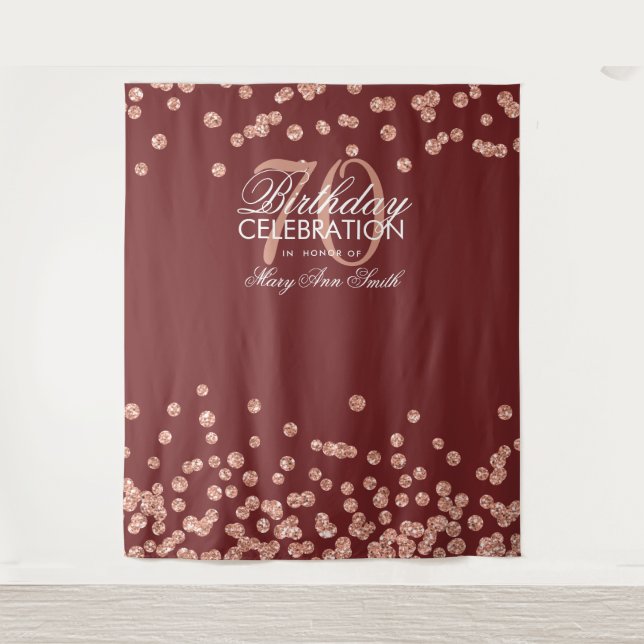 Backdrop 70th Birthday Rose Gold Burgundy Confetti Tapestry (Front)