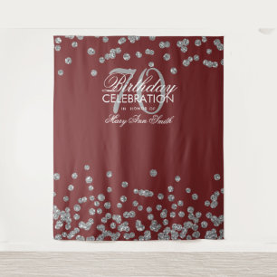 Backdrop 70th Birthday Silver Burgundy Confetti Tapestry
