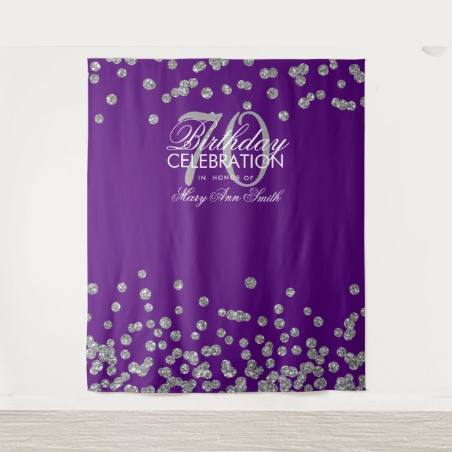 Backdrop 70th Birthday Silver Purple Confetti Tapestry (Front)