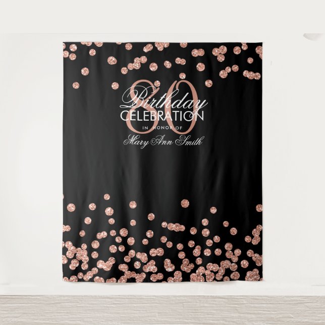 Backdrop 80th Birthday Rose Gold Black Confetti Tapestry (Front)