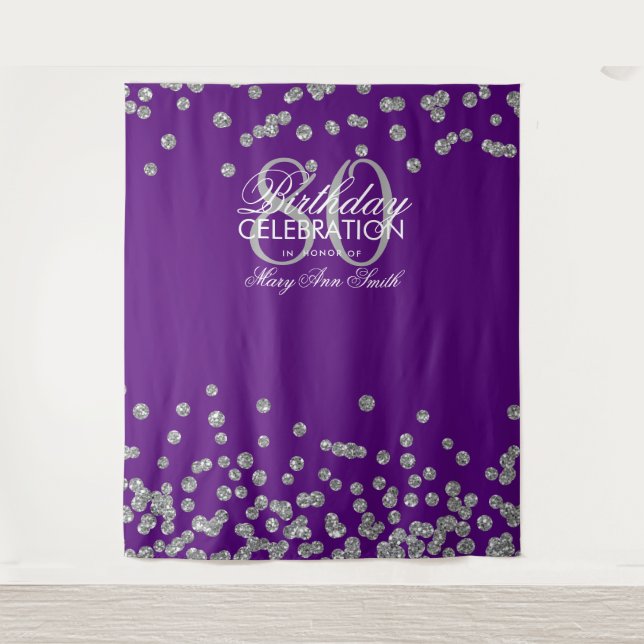 Backdrop 80th Birthday Silver Purple Confetti Tapestry (Front)