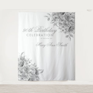 Backdrop 90th Birthday Party Floral Silver & White Tapestry