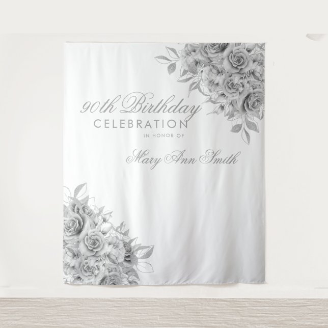 Backdrop 90th Birthday Party Floral Silver & White Tapestry (Front)