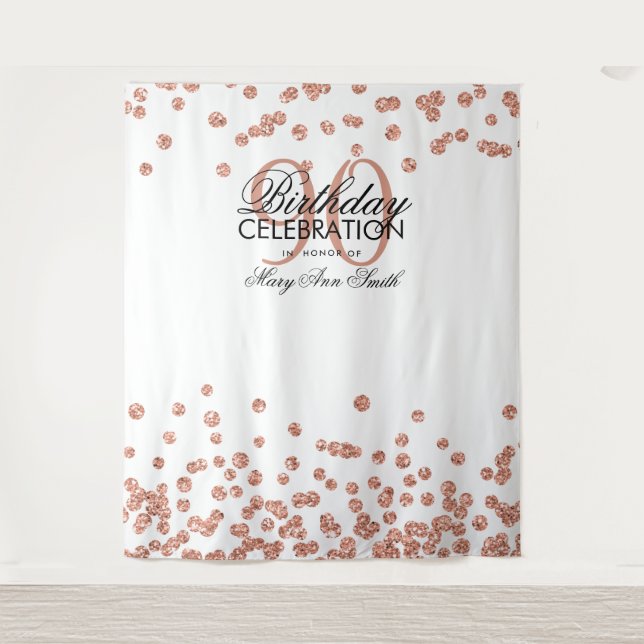 Backdrop 90th Birthday Rose Gold White Confetti Tapestry (Front)