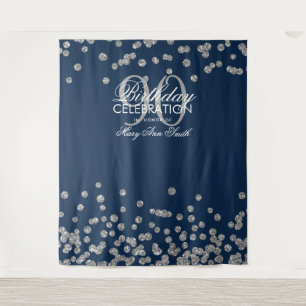 Backdrop 90th Birthday Silver Navy Blue Confetti Tapestry