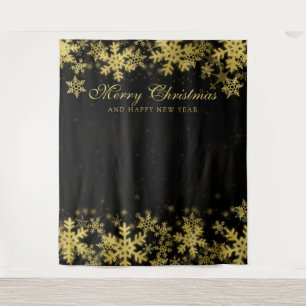 Backdrop Christmas Holiday Gold Snowflakes Black Tapestry