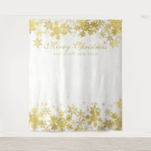 Backdrop Christmas Holiday Gold Snowflakes White Tapestry