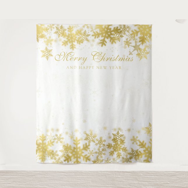 Backdrop Christmas Holiday Gold Snowflakes White Tapestry (Front)