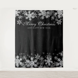 Backdrop Christmas Holiday Silver Snowflakes Black Tapestry