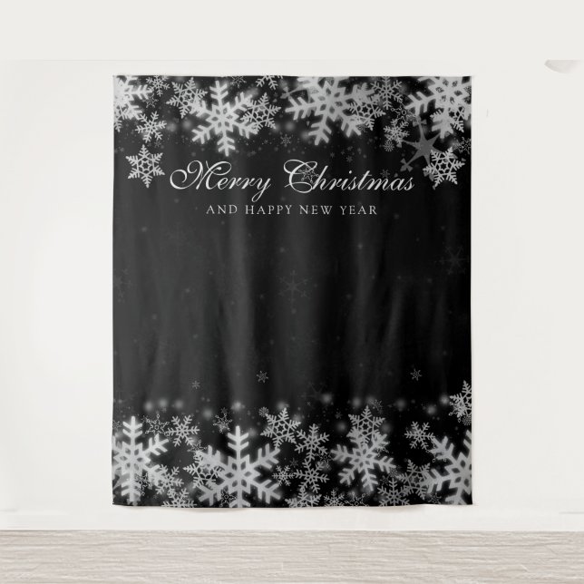 Backdrop Christmas Holiday Silver Snowflakes Black Tapestry (Front)